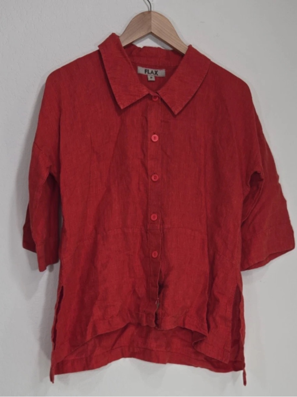 Flax Oversized Linen Button Down Collared Red Size P (Womens US 4-6) Lagenlook